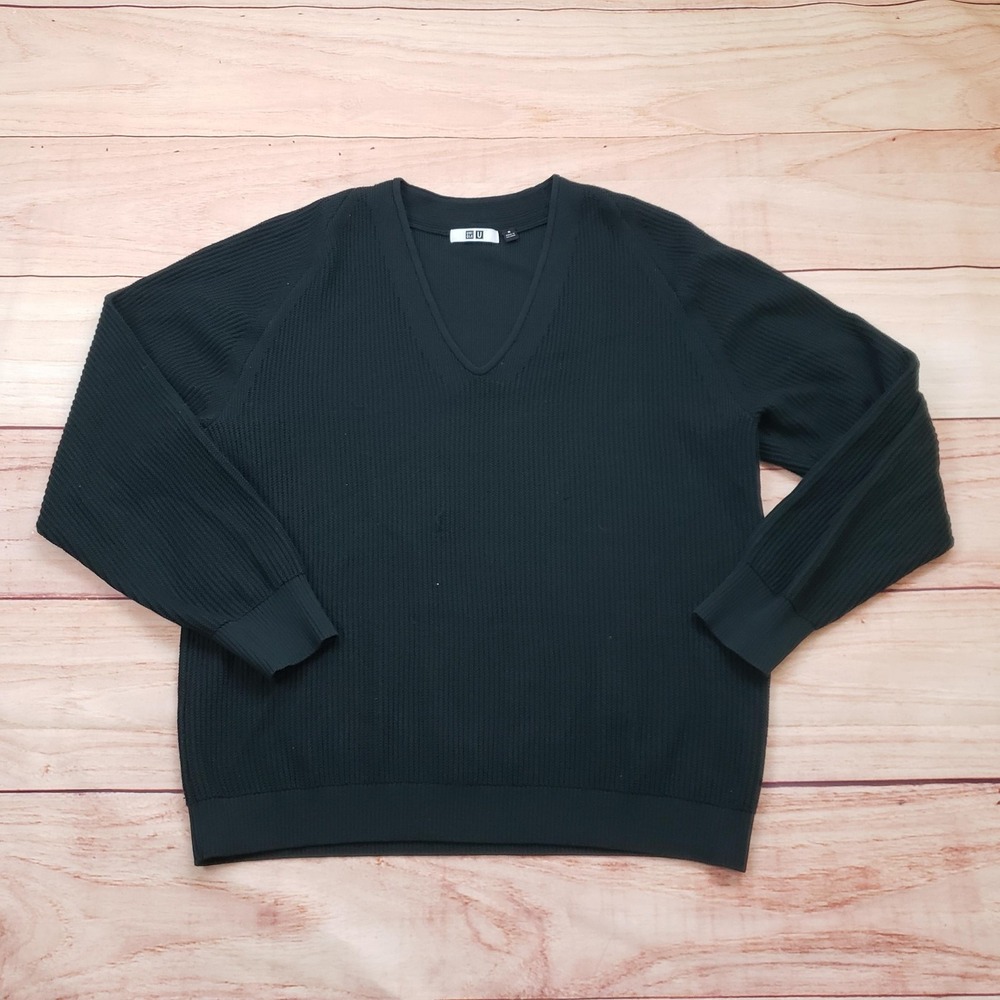 Uniqlo U Sweater‎ Mens Medium Black V-Neck Ribbed Knit Pullover Long Sleeve